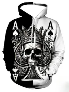 Men's Casual Long Sleeve Hoodie with 3D Skeleton Poker Pattern, Loose-Fitting Pocket Design, Perfect for Spring & Fall Sports and Daily Wear, Casual Hooded Sweatshirt