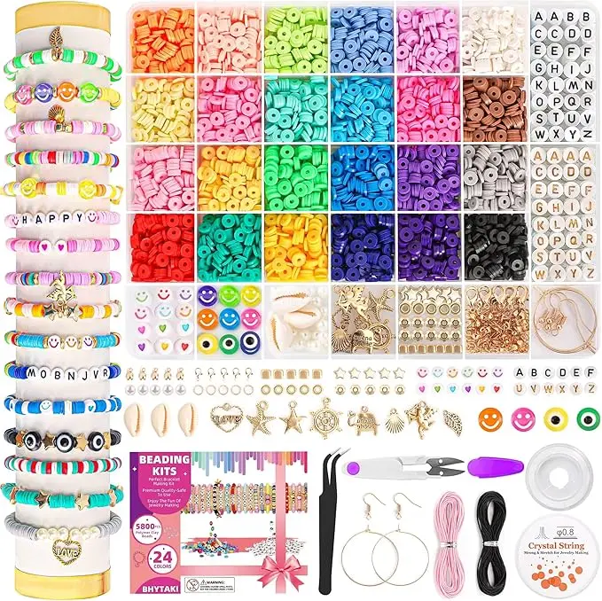 5800 PCS Clay Beads Bracelet Making Kit, Flat Preppy Bead Mix with Art Charms, DIY Friendship Jewelry Supplies, Birthday Gifts for Kids Age 6+, Mixed Color Beads, Beaded Set