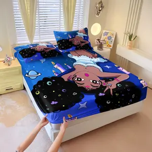 African American Black Girl Fitted Sheet Sets,Y2K Cosmic Starry Planet Print Bed Sheet Sets,Includes 1 Fitted Sheet & 2 Pillowcases,Wrinkle Resistant All-Season Bed Set,Aesthetic Cartoon Girly Bedding for Girls Bedroom,Dorm Decor,Ideal Gift