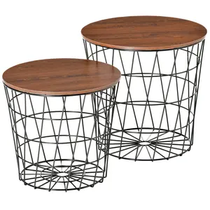 End Tables Set of 2 – Nesting Tables with Storage, Round Accent Side Tables with Removable Top, Wood Grain Tabletop, Diamond Lattice Metal Basket, MDF & Steel Construction, 33 lbs Capacity, for Living Room, Office, Black/Brown