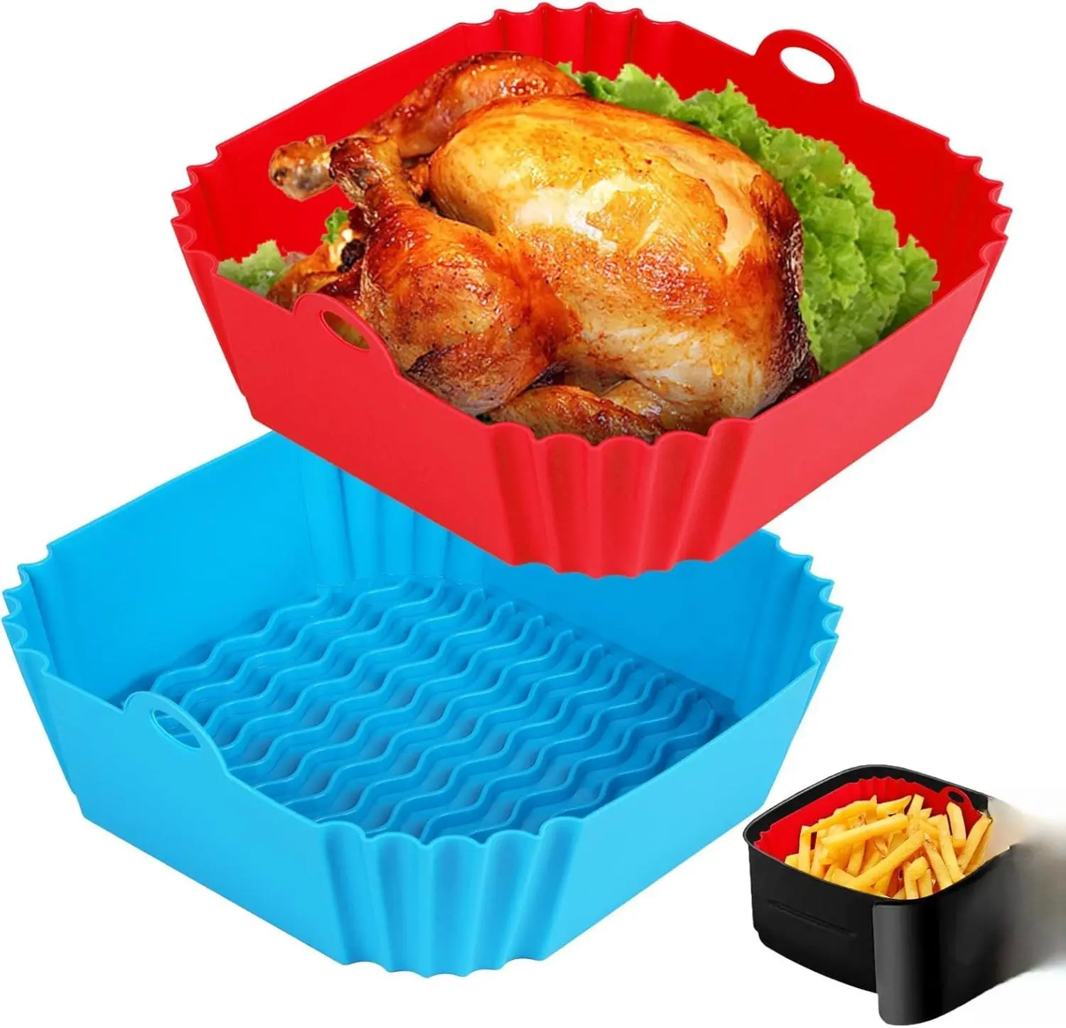2 PCS Square Silicone Air Fryer Liners - 8 Inch Reusable Air Fryer Pot - Air Fryer Accessories - Air Fryer Inserts for 4 to 7 QT Oven Microwave Accessories (Red + Blue)