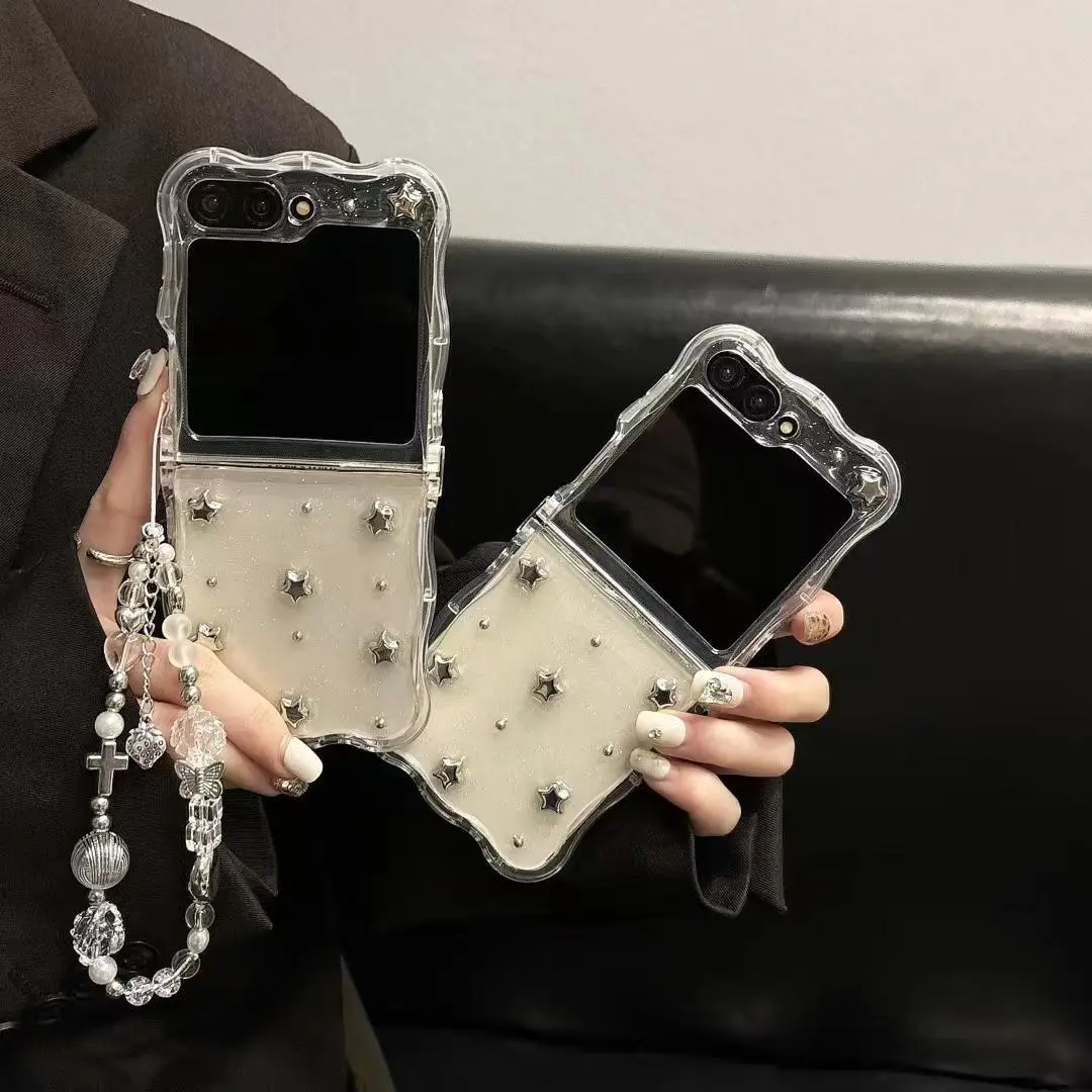 For Samsung Galaxy Z Flip 7 6 5 4 3 5G F7110 F7070 Luxury Crystal Elegent Glitter Star Pearl Wrist Strap Wave Phone Case Cover