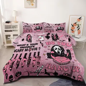 Barbie-Style Horror 2/3pcs Comforter Set, Decorative Bedding Set, Black Pink Color Scheme Knife Spider Bat Ghost Face Graffiti Heart Bedding Set, Dark Edgy Sweet Design, Sweet Bedroom Decor, Includes 1 or 2 Pillow Cases (No Pillow Insert)