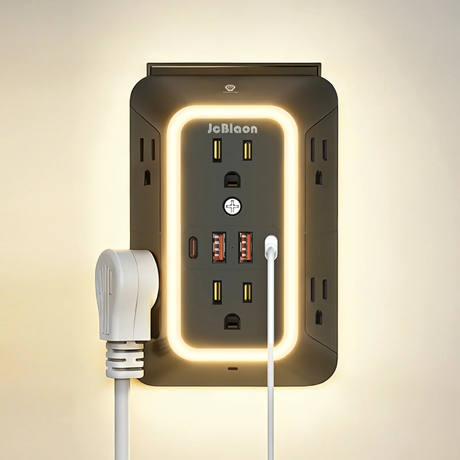 Mountable Surge Protector Smart Square Power Extend Multi-Plug Sockets with Night Light - US Plug, 6 Spaced Slots, 4 USB Slots, 1050J Surge Protection for Indoor Home & Office Use