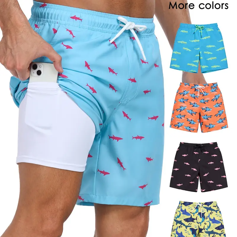 Men's 2-In-1 Summer Swim Trunks with Compression Liner, 7 Inch Swimming Shorts, Beach Pants, Quick Dry Gym Shorts with Compression Lining, Gym Vacation Pool Wear, Swimwear Shorts