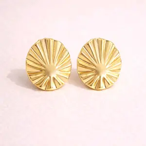 14K Gold Laminated Oval Sunburst Stud Earrings – Statement Medium Size