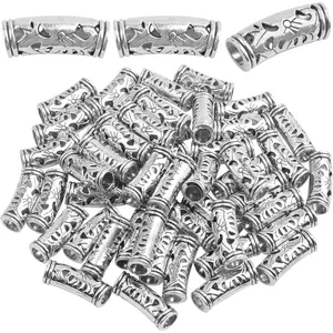 50pcs Antique Silver Hollow Curved Tube Spacer Beads Tibetan Alloy Large Hole Long Tube Loose Beads Slide for European Charms Leather Cord Jewelry Making, Hole: 5 mm
