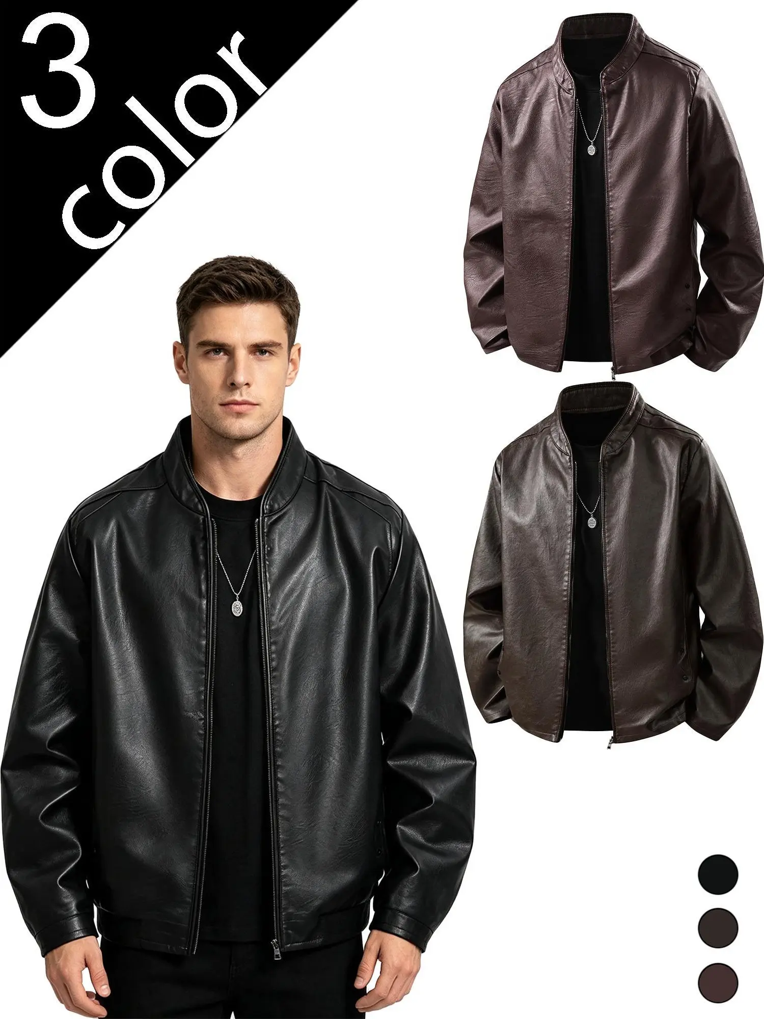 Men's PU Leather Slim-Fitting Plain Jacket - Windproof Korean Trendy Polyester-Blend Outerwear, Autumn New Casual Clothes