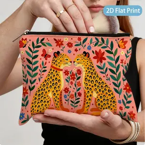 1pc Stylized Leopard Floral Print Zipper Cosmetic Bag, 22x15cm Lightweight Foldable Travel Makeup Storage Pouch, Ideal Gift for Women, Teachers & Friends