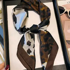 Wester Square Scarf Stamped Satin Headscarf for Women Fashionable Chal Neck Scarf Dressing Accessory in Leopard Print