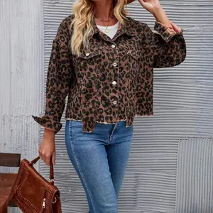 Denim Jacket Leopard Print Long Sleeve Short Loose Casual Jacket Womenswear Coats Clothing Comfort Outerwear Tops Fitted Suitable for daily wear