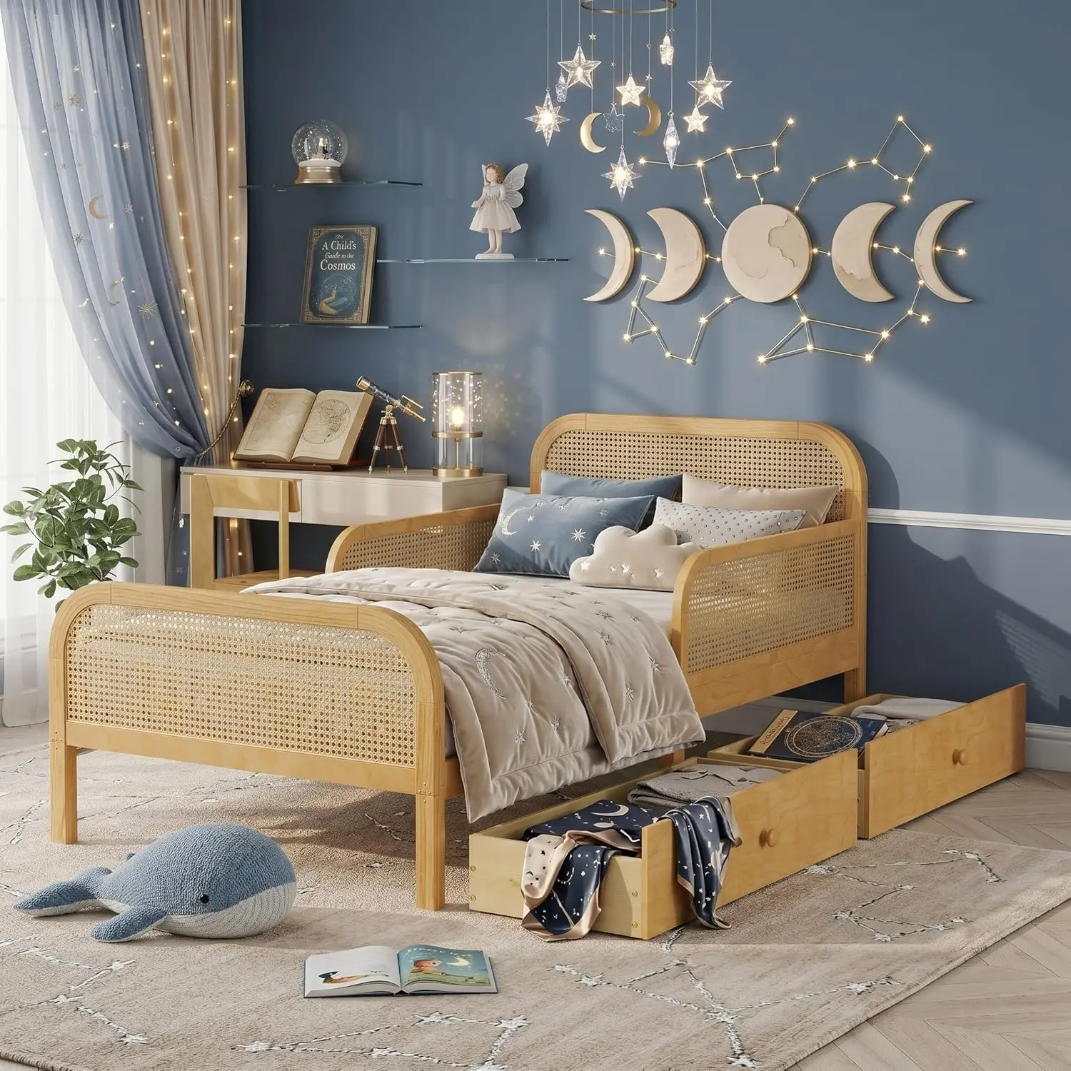 DUXELIFIN Kids Rattan Platform Bed Frame - Twin/Full Size with Headboard, Footboard & 2 Storage Drawers, Low Profile Space-Saving Wooden Bed for Kids Bedroom (Natural/White)