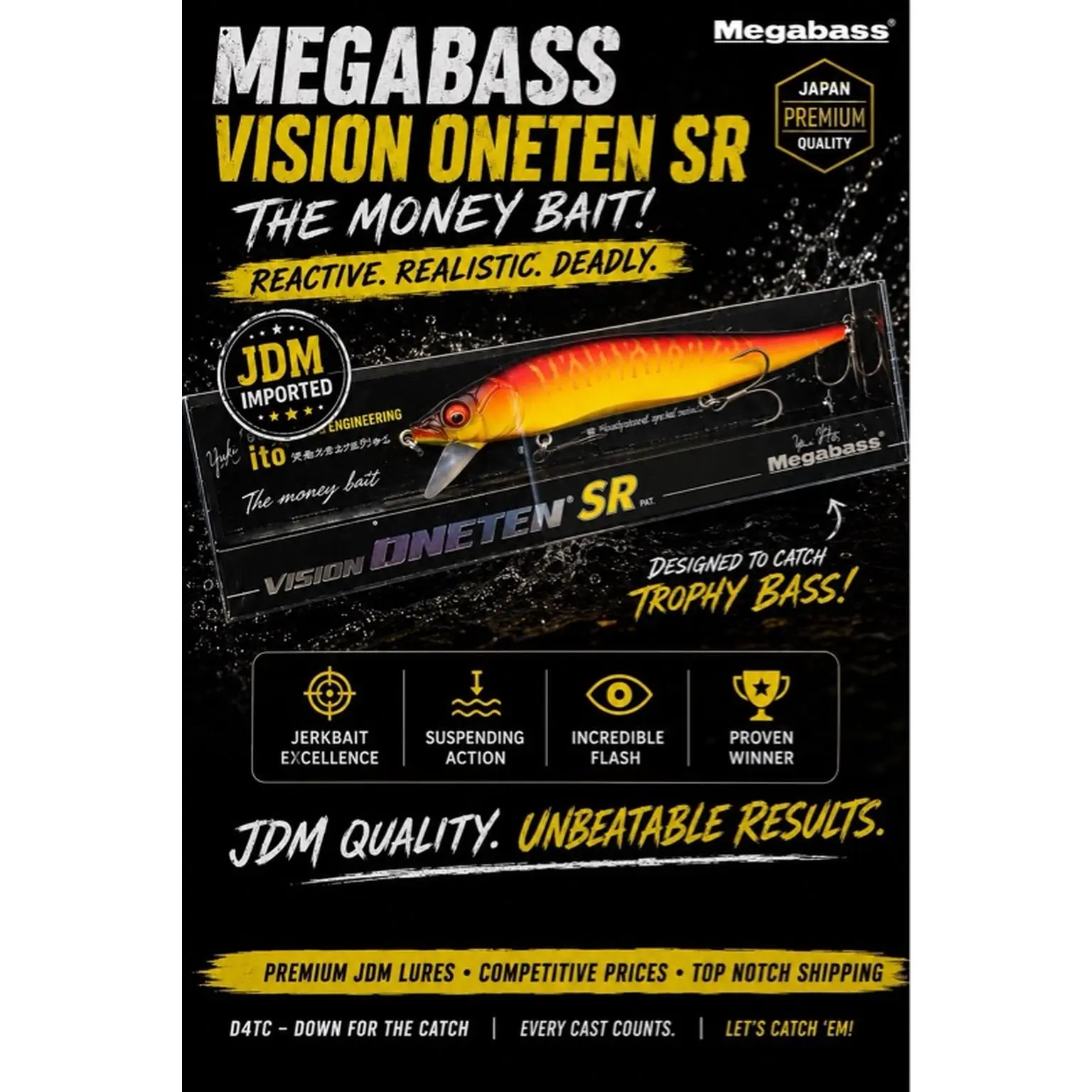 Megabass Vision ONETEN SR Jerkbait Mat Tiger Color Bright Orange-Red Tiger Bars Vibrant Chartreuse Yellow Belly Yellow to Light Gold Matte Finish