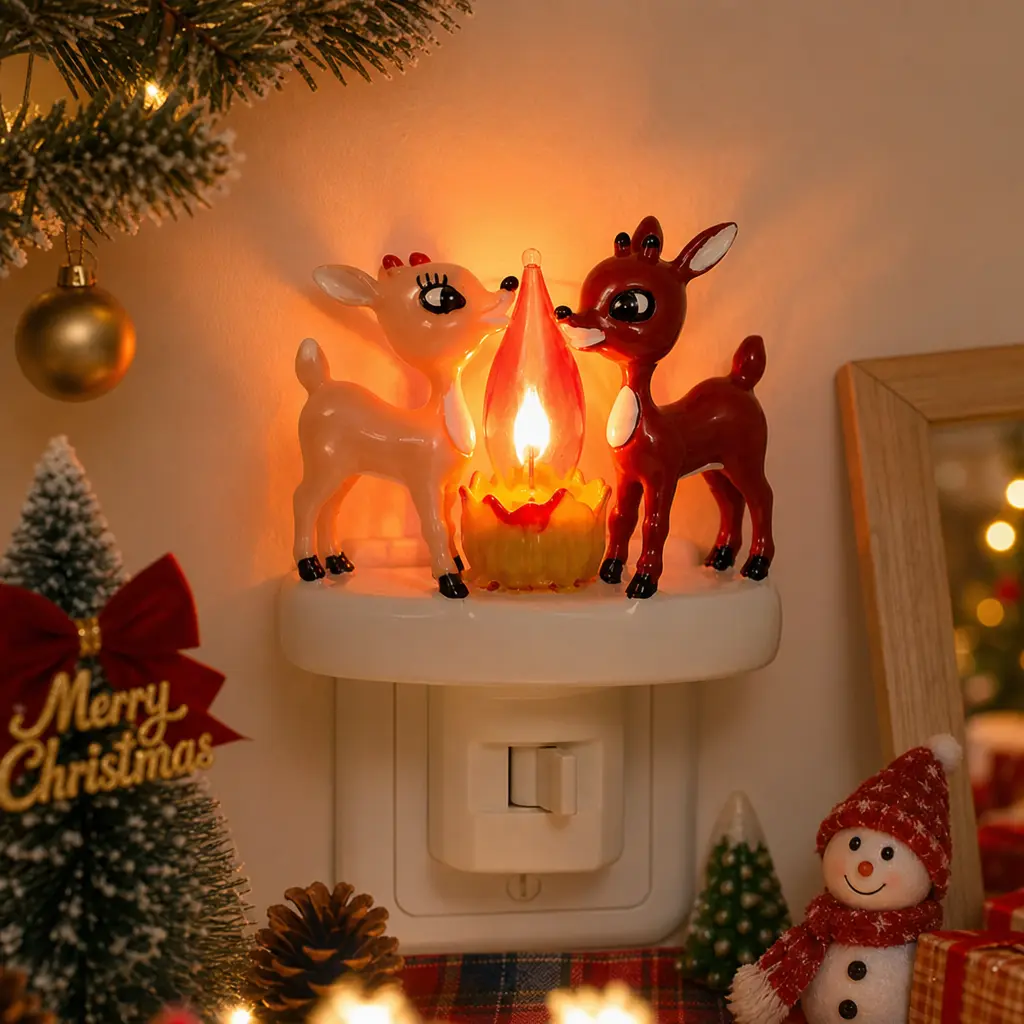 Reindeer Night Light with Flickering Flame – LED Faux Campfire Lamp for Christmas & Halloween Decor, Warm White Twinkling Nightlight for Bedroom, Living Room – Plug in Holiday Home Decoration