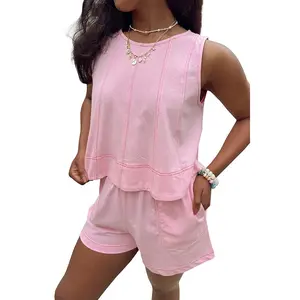 Casual 2 Piece Linen Shorts Set for Women - Summer Loose Fit Sleeveless Tank Top and Drawstring Shorts Outfits with Pockets