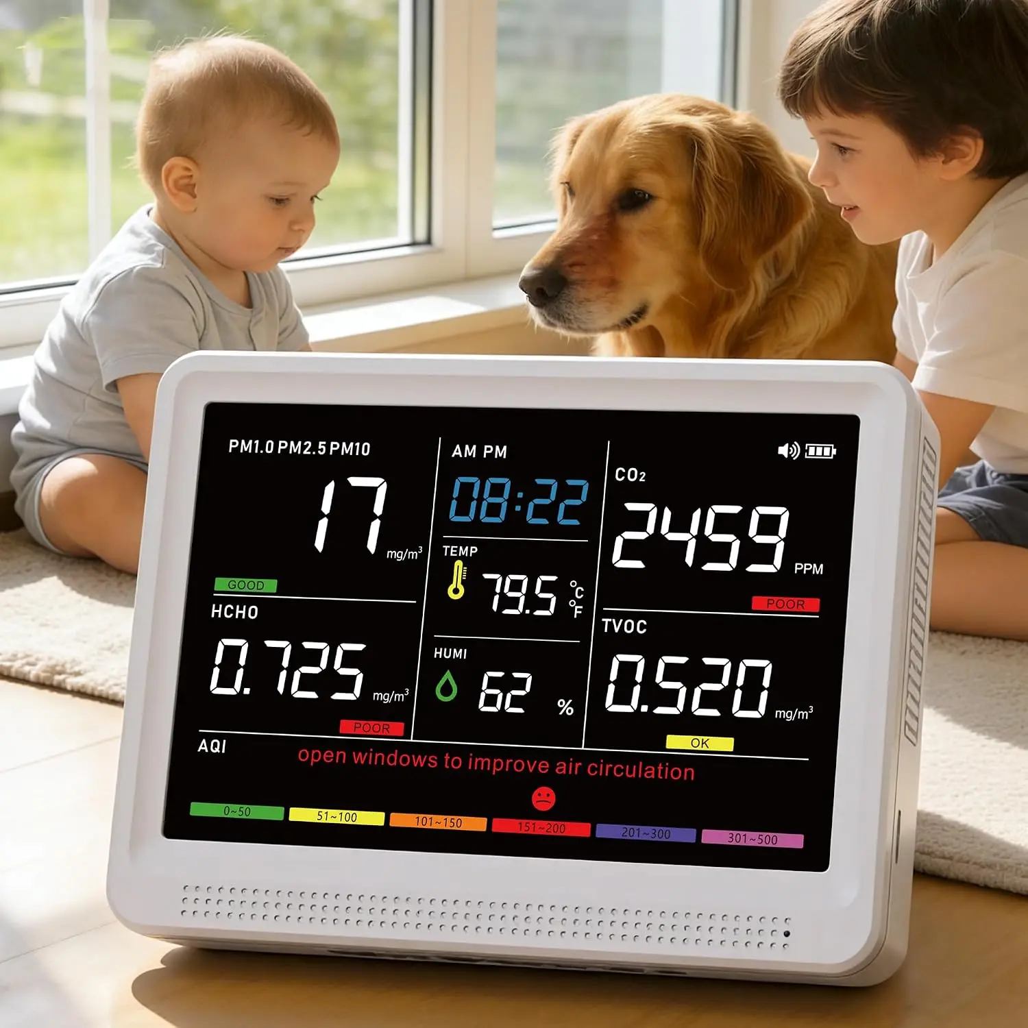 16 in 1 Air Quality Monitor Indoor Wildfire CO2 Monitor, 9 AQI+7 Alerts | Portable Real-Time Display 9 AQI + 7 Alerts CO2, TVOC, PM2.5 PM1.0 PM10, HCHO Temperature Humidity AQI & Time, Home Office