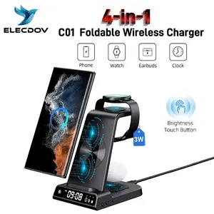 Bespoke 4-in-1 wireless charging station supports fast charging for Samsung Galaxy/Galaxy Watch/Galaxy Pods/other Android phones. The Elecdov C01 includes a vent, a bedside clock, and a one-year warranty card.