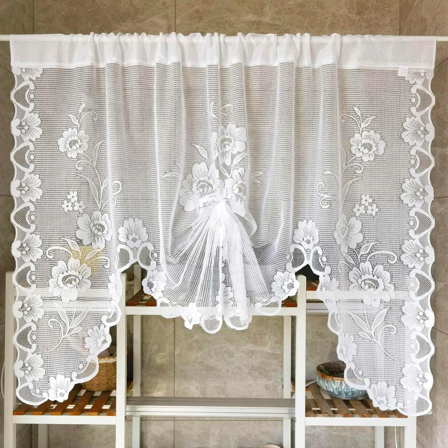 Floral Embroidery Sheer Lace Curtain Valance Princess Style Embroidered Waterfall Swag Curtain Valance Tier for Kitchen Bathroom Half Window Decoration, Rod Pocket Top