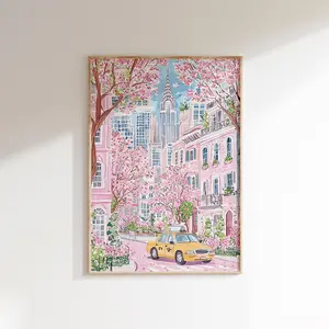 New York Yellow Taxi Spring Blossom Scene Nyc Cherry Blossoms Art Urban Landscape Wall Print Cityscape Decor