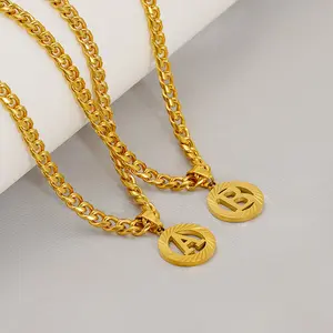 14K Gold Plated Initial Necklace A-Z, 5mm Cuban Chain Round Hollow Letter Pendant Dainty Jewelry for Women Men