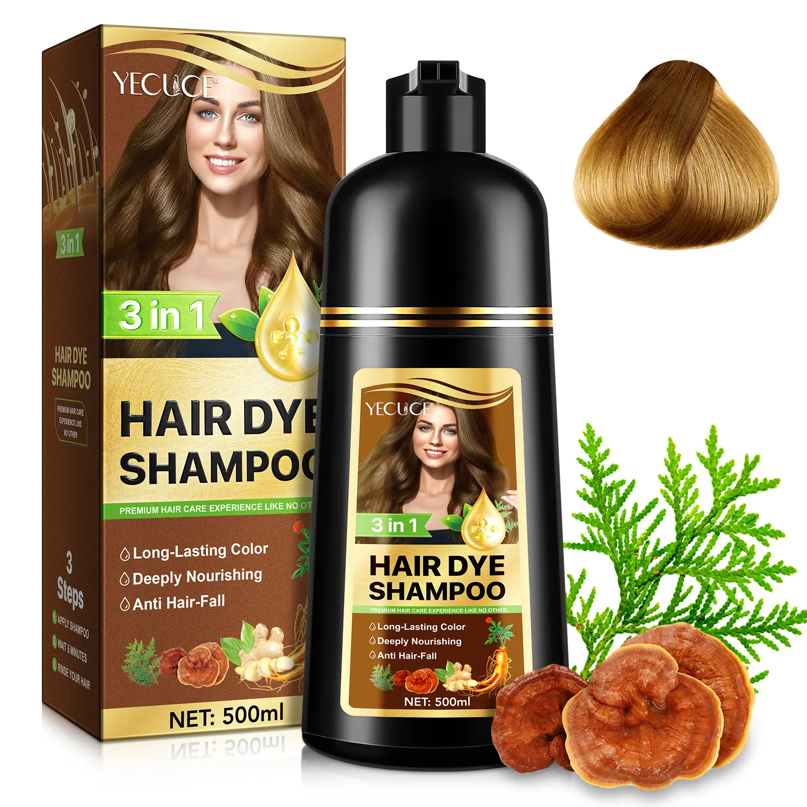 Yecuce 3-In-1 Dye Shampoo 500ML, Hair Darkening Shampoo, Natural Herbal Hair Color Shampoo, Fast Coloring, Suitable for Men and Women