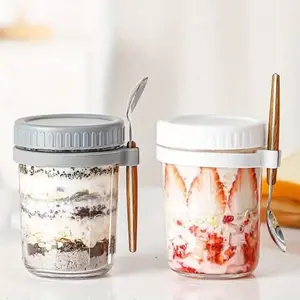 2-Piece Oat Glass Cup Set, Reusable with Lid and Spoon, Ideal for Milk, Grains, Fruits, Yogurt, Refrigerator Safe, Storage, Kitchen Essential, Fitness Lover Must-Have