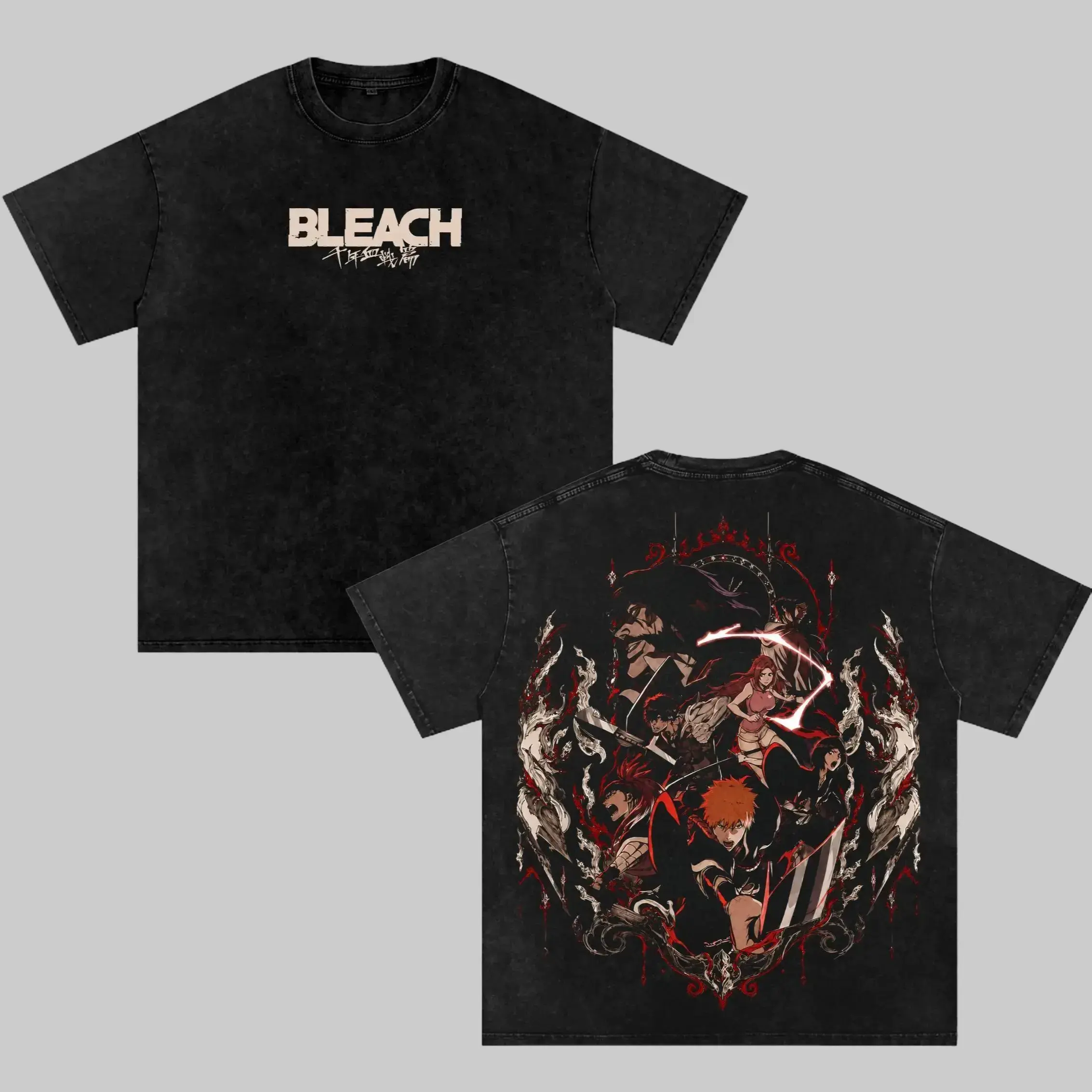 Vintage Washed Bleach Thousand-Year Blood War Graphic Tee Heavyweight Oversized Shinigami Anime T-Shirt Ichigo Streetwear Top