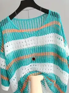 Women's Summer Hollow Out Knit Top, Casual Elegant Vacation Style, Loose Batwing Shoulders, Short Sleeve, Plain Pattern, Knitting, Plus Size Knitwear