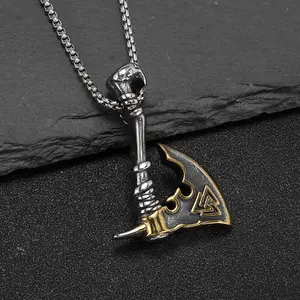 Battle Axe Pendant Steel Stylish Everyday Wear Jewelry - Cool Necklace with Unique Design and Stylish Look Gold Plated Amulet Trendy Fashionable Accessories