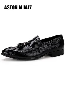 Men's Alligator Pattern Slip-On Loafers, Low-Top Genuine Leather Casual Shoes, Cowhide Upper, Pigskin Lining, Rubber Sole