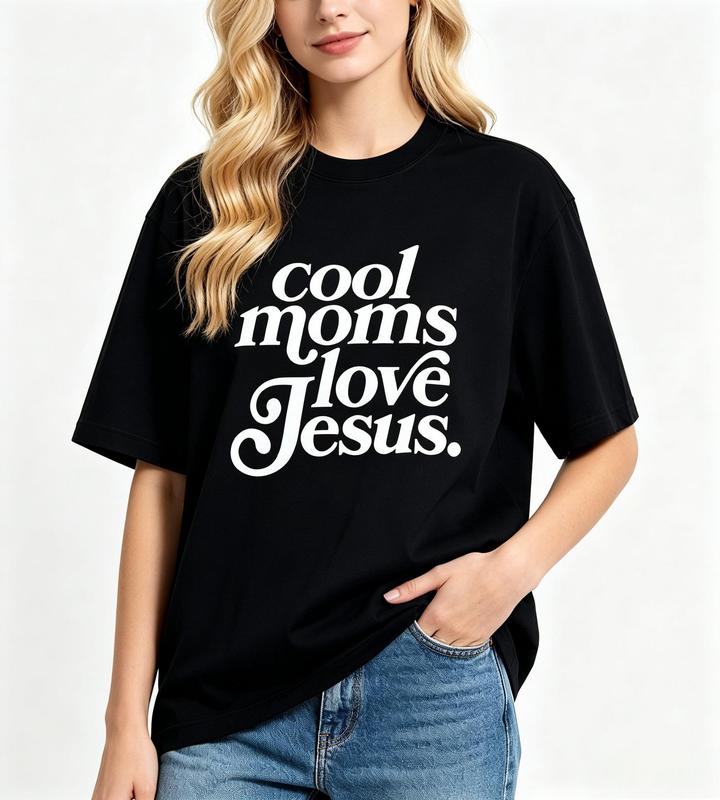 Women's Christian Mom Fitted T-Shirt - Casual, Comfortable Fabric, Cool Moms Love Jesus Graphic, Short Sleeve Crew Neck Top