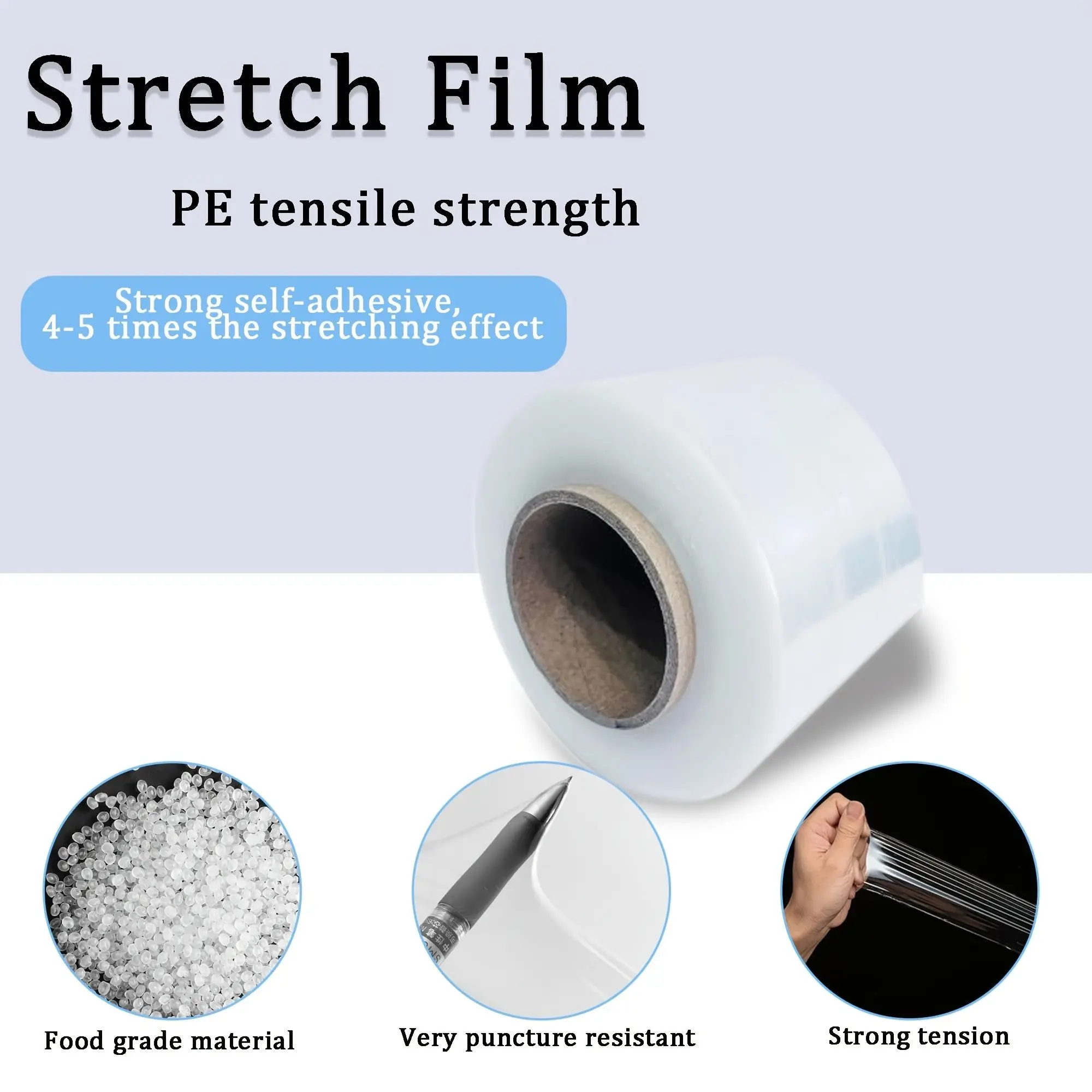 Stretch Film Roll Plastic Wrap Wrapping PE Tensile Strength Up to 90.55 Inches, Heatless Shrink Wrap Machine Compatible, Easy-To-Use Bottle Packaging Material, Seals Bottles and Jars