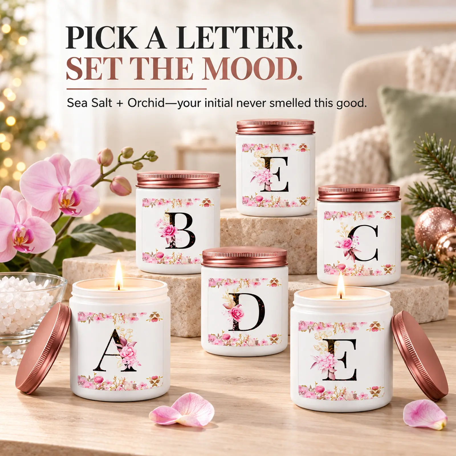 Handmade Initial Scented Soy Jar Candle - A-Z Letter Floral Monogram Design, Aroma Home Fragrance with Wick, Cozy Gift for Women Daughter, Birthday Housewarming Home Decoration Supplies