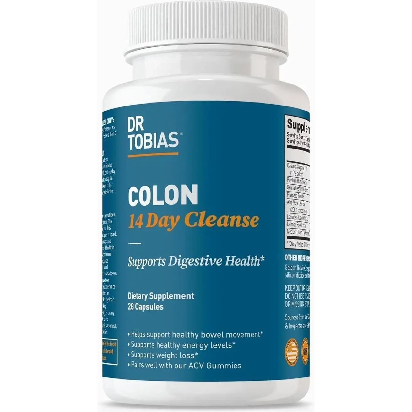 Dr. Tobias Colon 14 Day Cleanse, Advanced Gut Cleanse Detox for Women & Men with Cascara Sagrada, Psyllium Husk, Senna Leaf & Probiotics, Non-GMO Colon Cleanse, 1 Bottle of 28 Capsules (1-2 Daily)