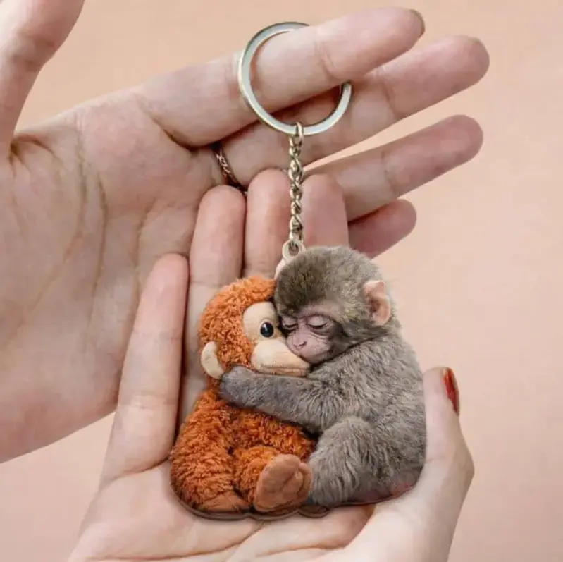 Viral Punch Monkey Wooden Keychain, Cute Baby Monkey With Plush Toy Gift, Emotional Gift For Animal Lovers, Baby Monkey Punch