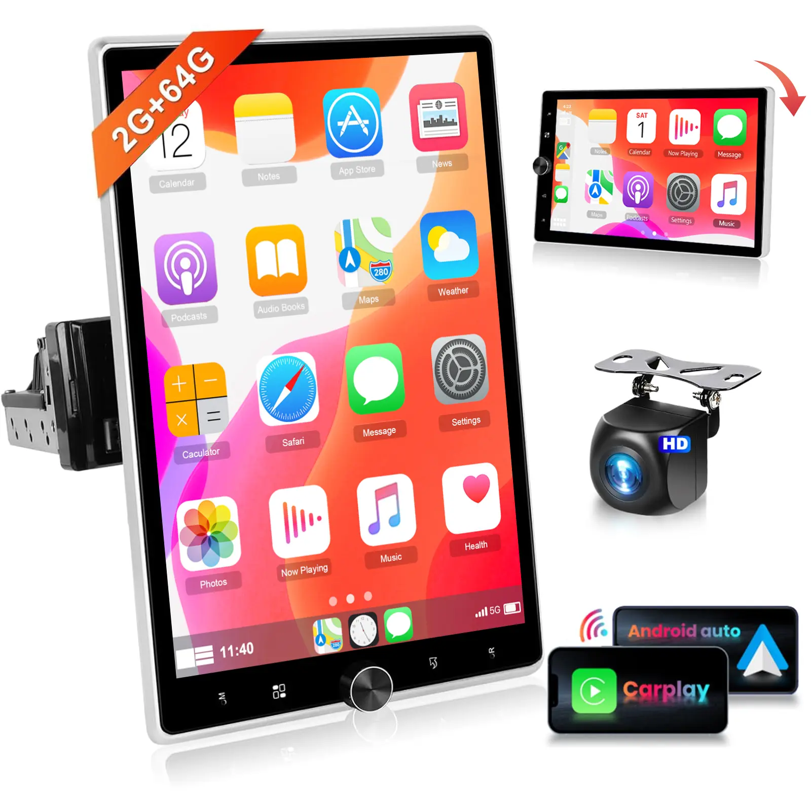 Single Din Car Video Player - 10.4-in Manual Rotatable CarPlay Touchscreen with Wired CarPlay, Android Auto, 2+64G Android 13 Mirror Link, EQ Audio, SWC, GPS Navigation, FM RDS Radio, Backup Camera, Colorful UI (Father's Day Gift)