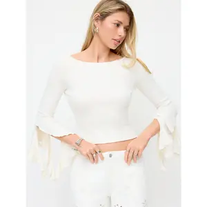 Cider Boat Neck Long Ruffle Sleeve Top