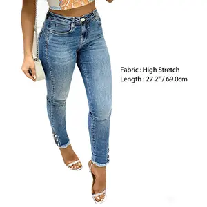 Flamingals Button Side Raw Hem High Waist Skinny Jeans Comfort Fit