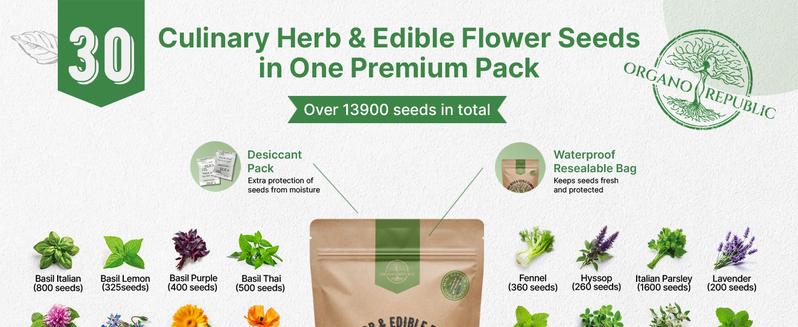30 Culinary Herbs & Edible Flower Seeds Variety Pack