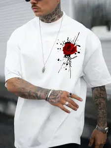 Men's Red Rose & Ink Splatter Graphic White T-Shirt, Artistic Theme Streetwear, Trendy Urban Outfit with Bold Print, Comfortable Soft Fabric, Versatile for Relaxed Evenings, Errands & Casual Hangouts, Ideal for Modern Fashion-Forward Wardrobes
