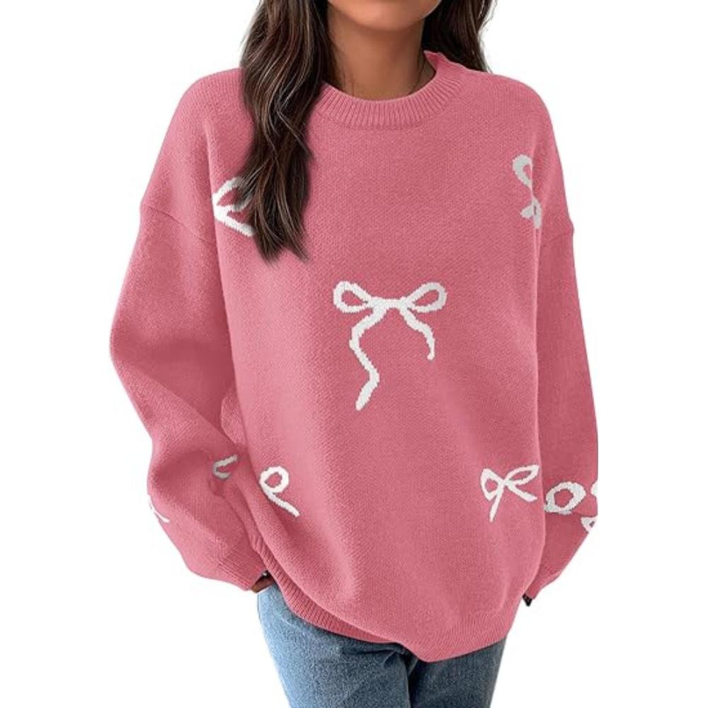PRETTYGARDEN Fall Long Sleeve Pullover Sweaters for Women Trendy Crewneck Casual Cute Bow Chunky Knit Oversized Sweater