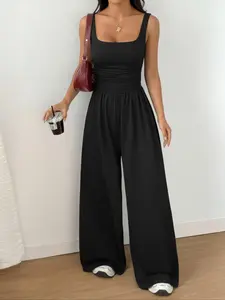 Spring Summer Women's New Knit Plain Square Neck Vest, Fashionable Comfortable Simple Design, Versatile Wide Leg Jumpsuit