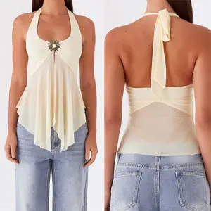 Women Sleeveless Halter Tops Summer Tie up Backless Sheer Mesh Split Shirts for Streetwear Aesthetic Grunge Clothes