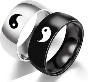 2Pcs Yin Yang Designed Couple Ring Matching Yin Yang Dainty Tai Chi Engagement Ring for Men Women Lover Friendship Jewelry
