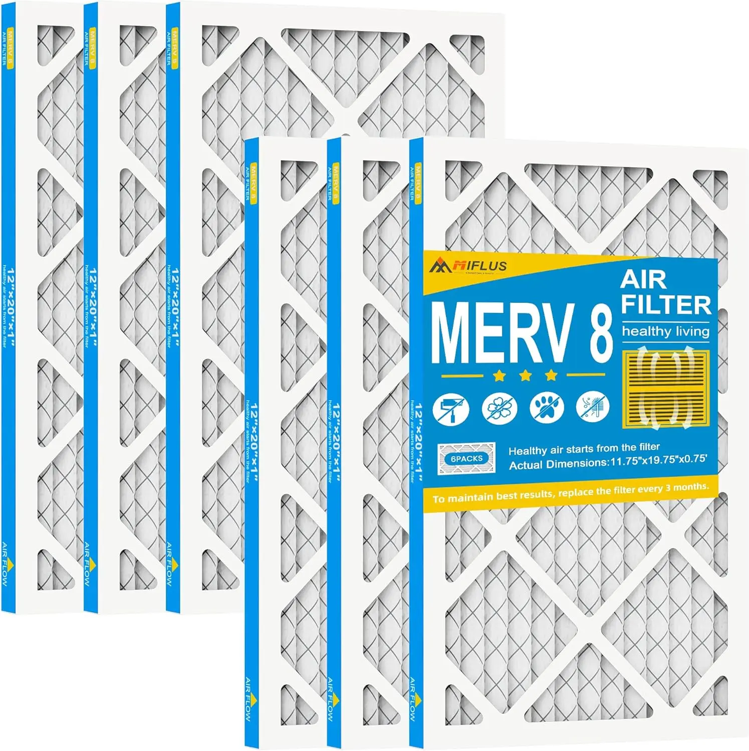M8 12x20x1 Air Filter, 6 Pack MERV 8 Furnace Air Filter, HVAC Replacement Filter for Residential Use, Dust Defense & Allergen Control, Long-Lasting Pleated Design