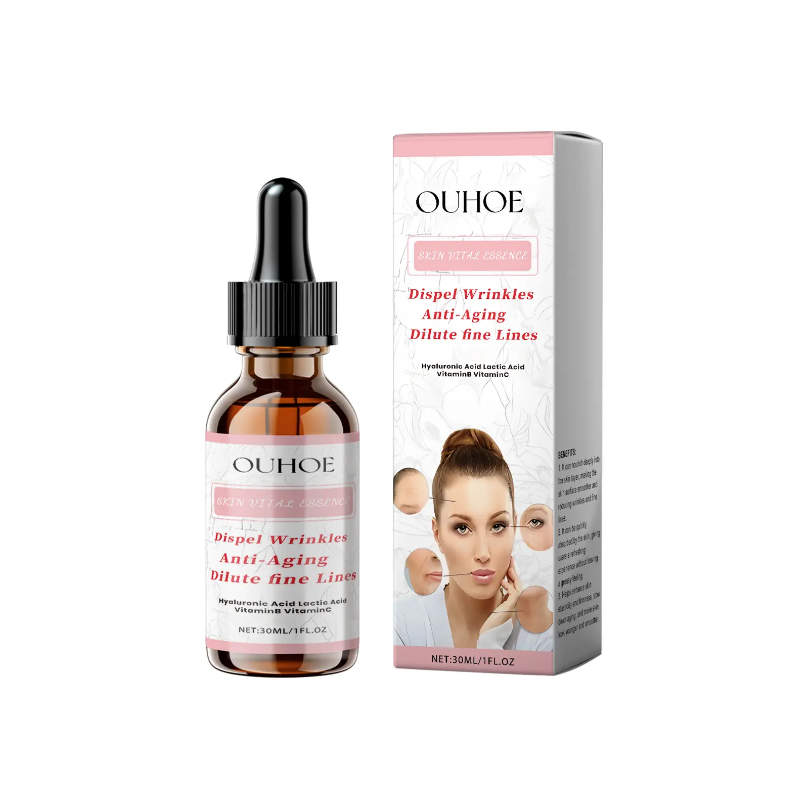 OUHOE Anti-Wrinkle Facial Serum, Hyaluronic Acid & Lactic Acid Moisturizer for Hydrating Skin, Firming & Reducing Fine Lines