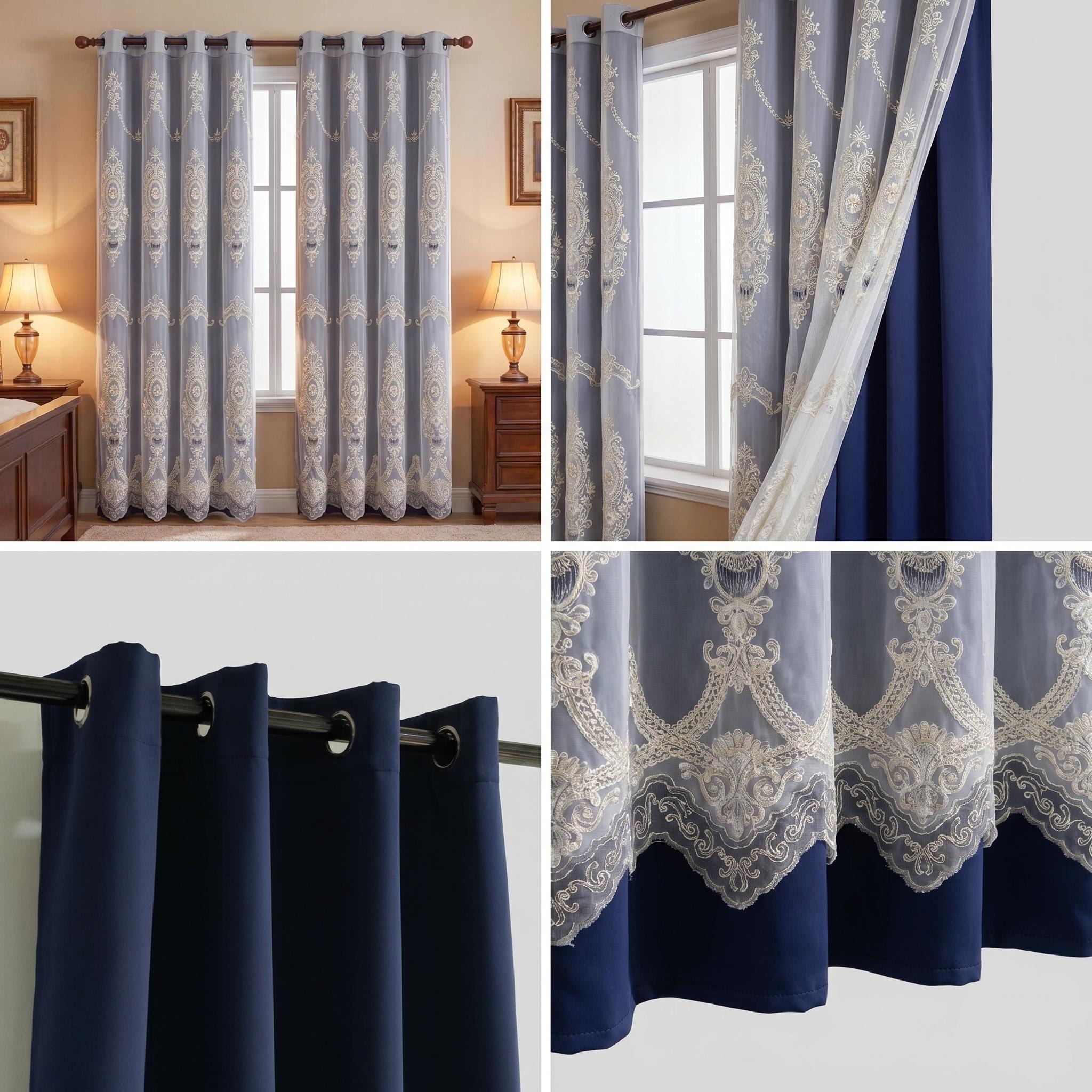 4 Panels Combination Grommets Curtains Including : 2 Panels 52x84 inch Solid Blackout Curtains & 2 Panels 52x90 inch Luxuary Embroidery Curtains QF222 QF78 noise reduction