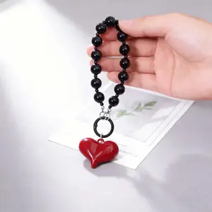 ✨ Glossy Red Heart Phone Chain, Cute Black Beaded Bracelet Charm