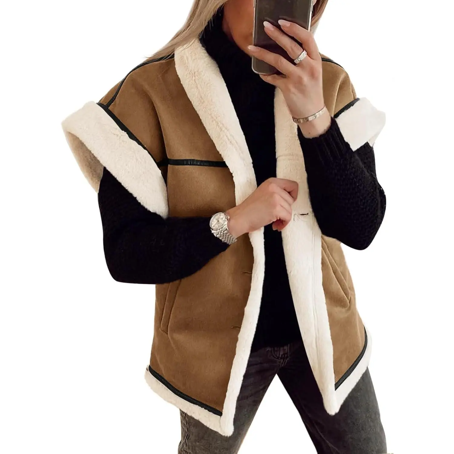 Women's Oversized Suede Sherpa Faux Fur Shearling Button-Down Cap Sleeve Casual Winter Outerwear Jacket, Button Embellishment, Plus Size Available