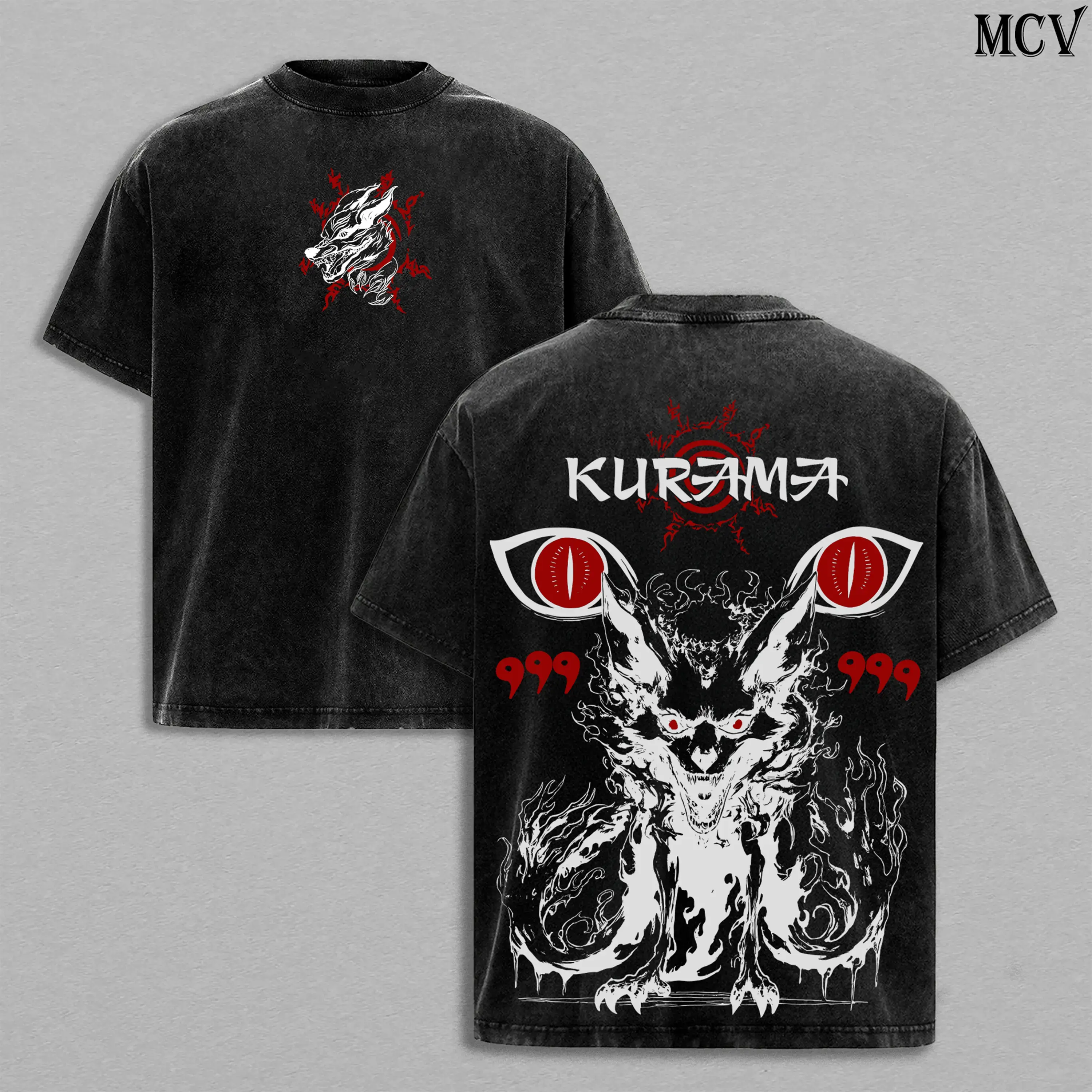 Men's Vintage Washed Naruto Kurama Sharingan Graphic Tee, 9-Tails Fox Fan Art, Oversized Soft Cotton Unisex Streetwear, Casual Anime Apparel, Gift for Naruto Fans; Matching Hoodie Available